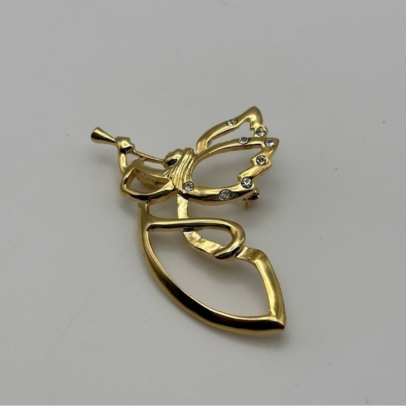 Small Gold Tone Angel with Trumpet Brooch with Rhinestones on Wings Holidays - Picture 3 of 4